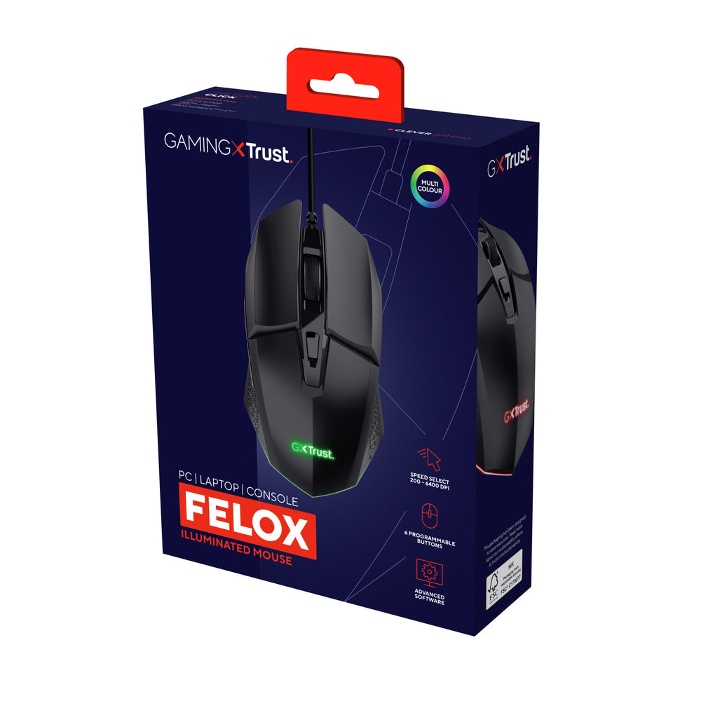 Trust GXT 109 Felox datormöss Spela högerhand USB Type-A Optisk 6400 DPI