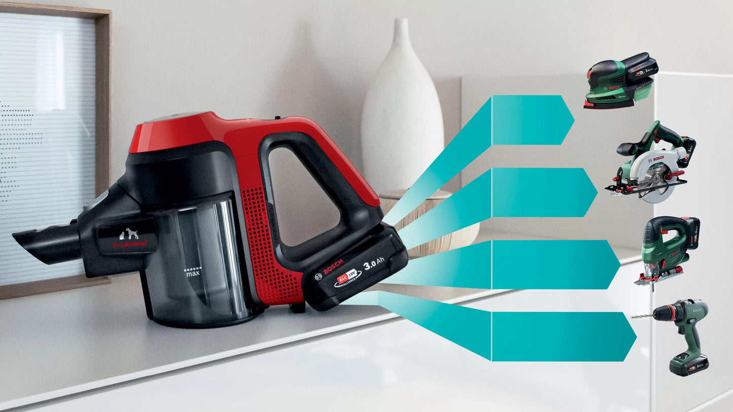 Bosch BCS711PET upprättstående dammsugare och elektrisk sopborste Skaftdammsugare Batteri Torr Utan påse 0,3 l Svart, Röd 3 Ah