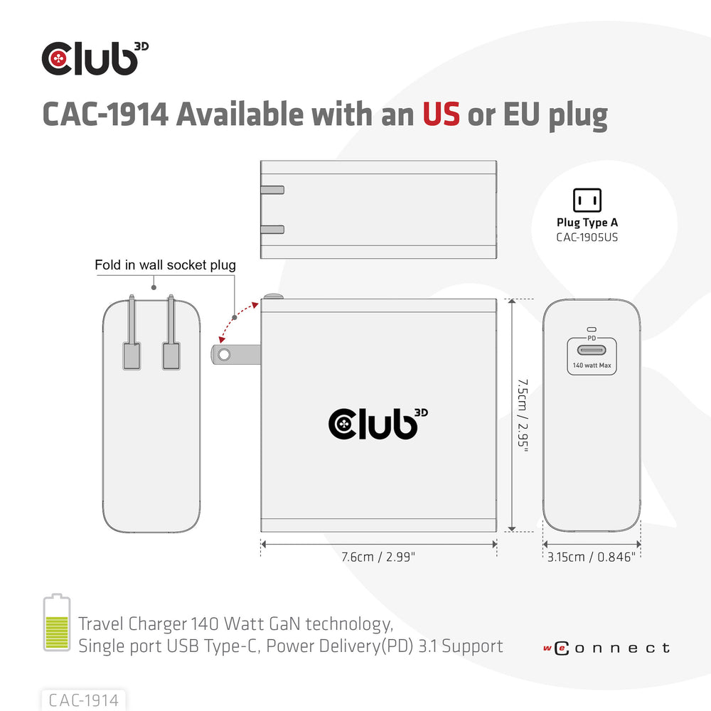 CLUB3D CAC-1914 mobilladdare Babymonitor med display, Skäggtrimmer, Digital videokamera, Digitalkamera, Spelkontroller, Hörlurar, Headset, Mobiltelefon, Bärbar dator, Powerbank, Smartphone, Smartwatch, Surfplatta, Universal, Klocka, Kroppsburen teknik Sva