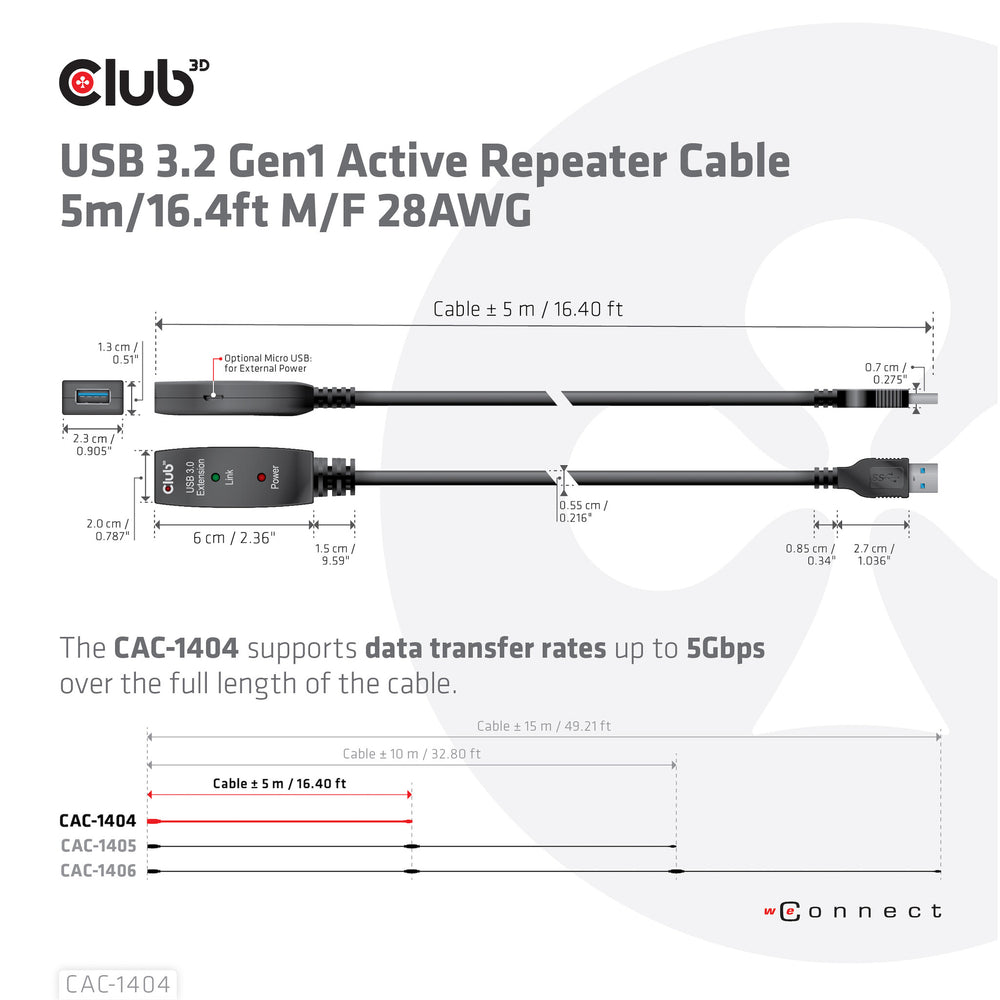 CLUB3D CAC-1404 USB-kablar 5 m USB 3.2 Gen 1 (3.1 Gen 1) USB A Svart
