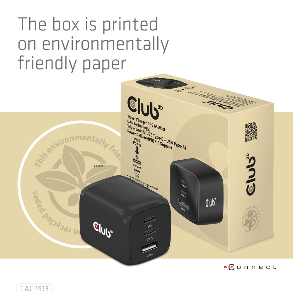 CLUB3D CAC-1913 mobilladdare Mobiltelefon, Bärbar dator, Smartphone, Universal Svart AC Snabb laddning inomhus