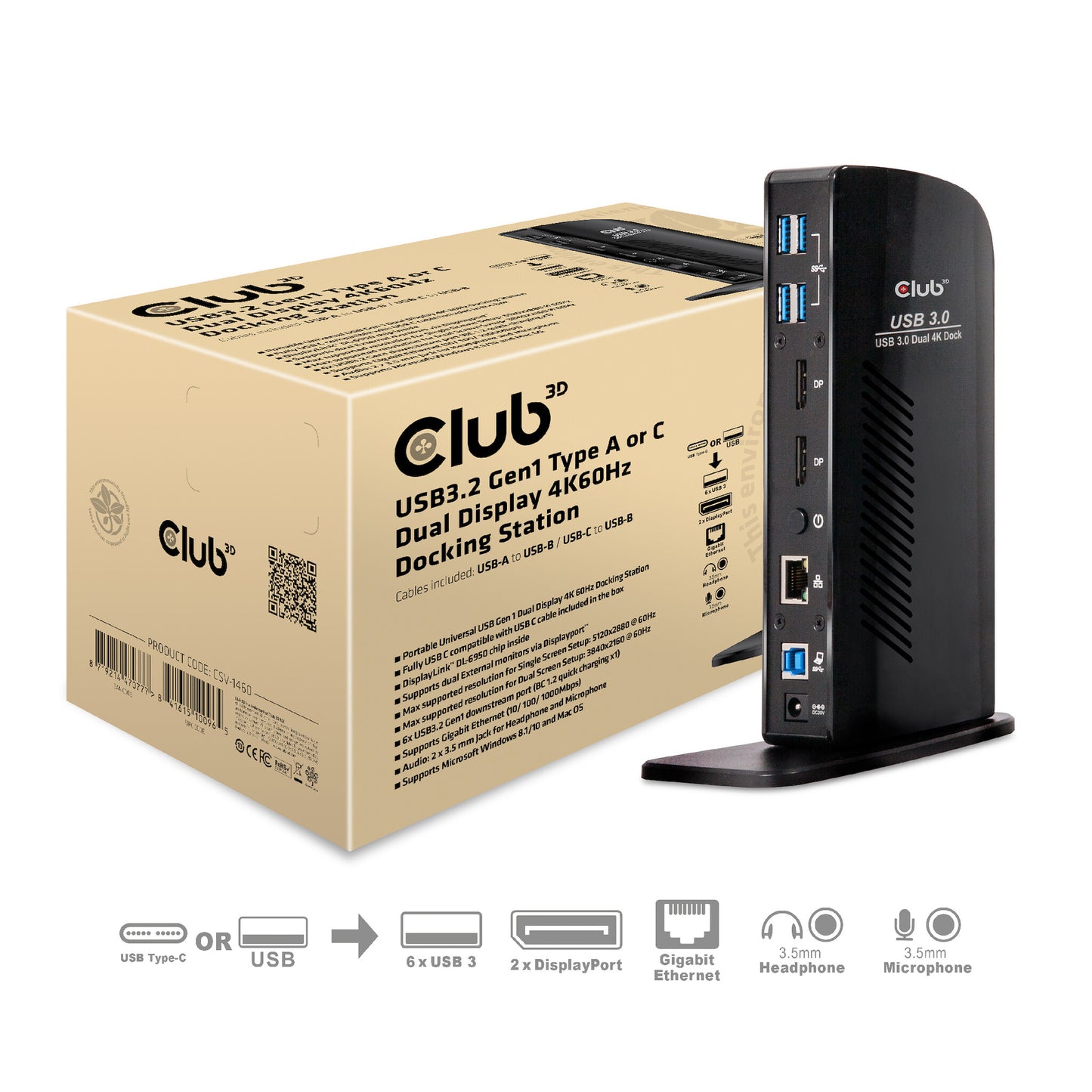 CLUB3D USB3.2 Gen1 Type A or C Dual Display 4K60Hz Docking Station