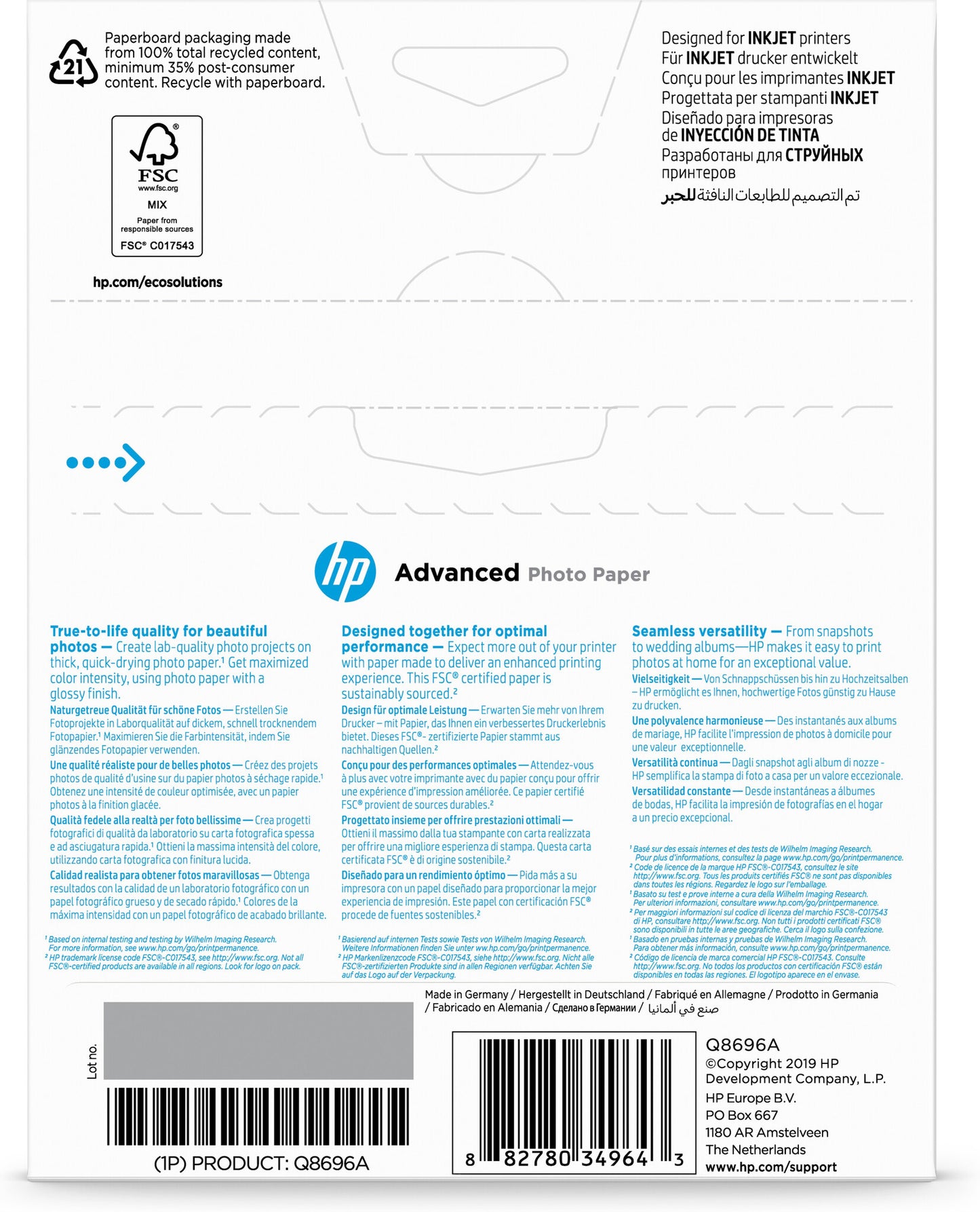 HP Advanced Photo-papper, glättat, 250 g/m2, 13 x 18 cm (127 x 178 mm), 25 ark