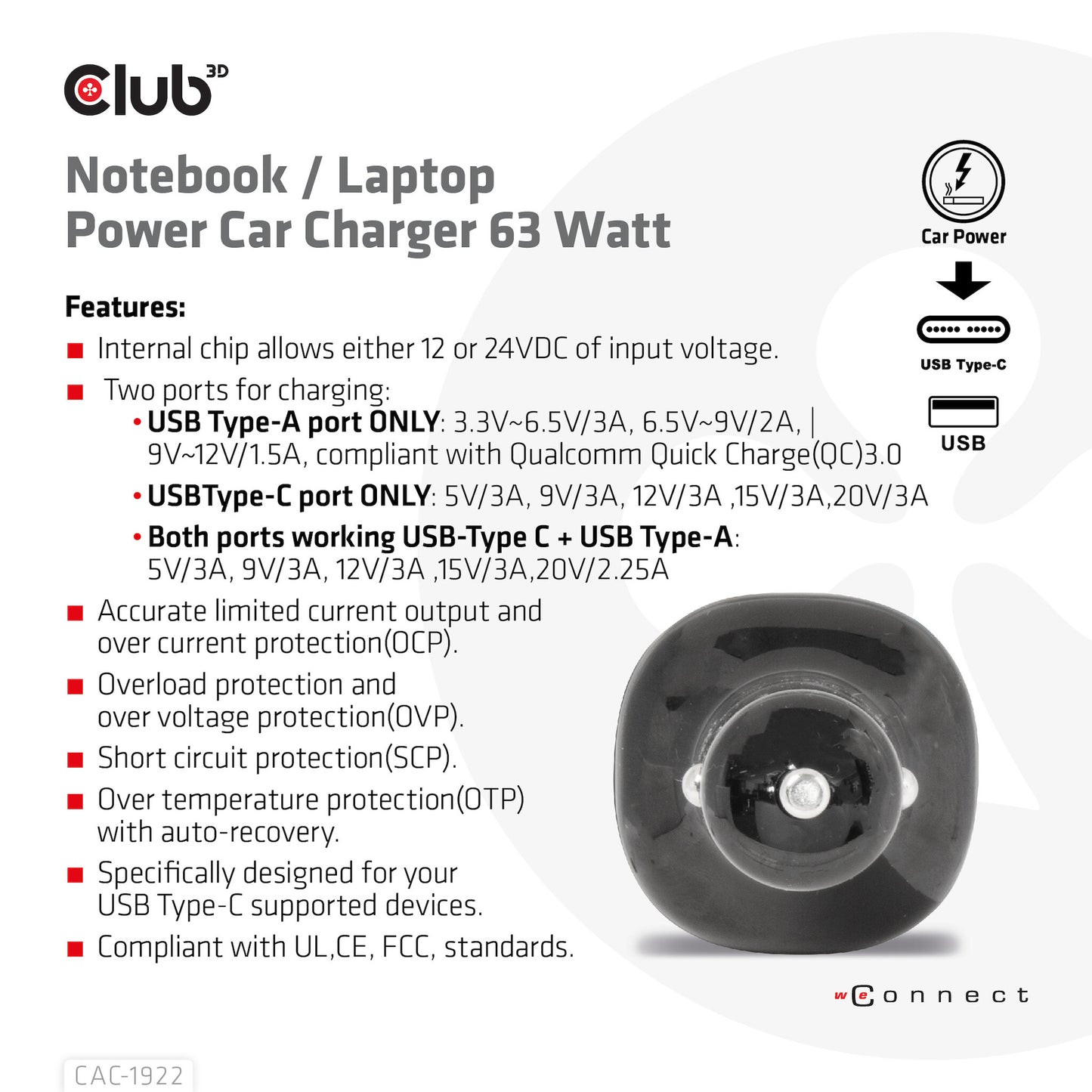 CLUB3D USB KFZ-Ladegerät 1xUSB C A 63W 12/24V retail