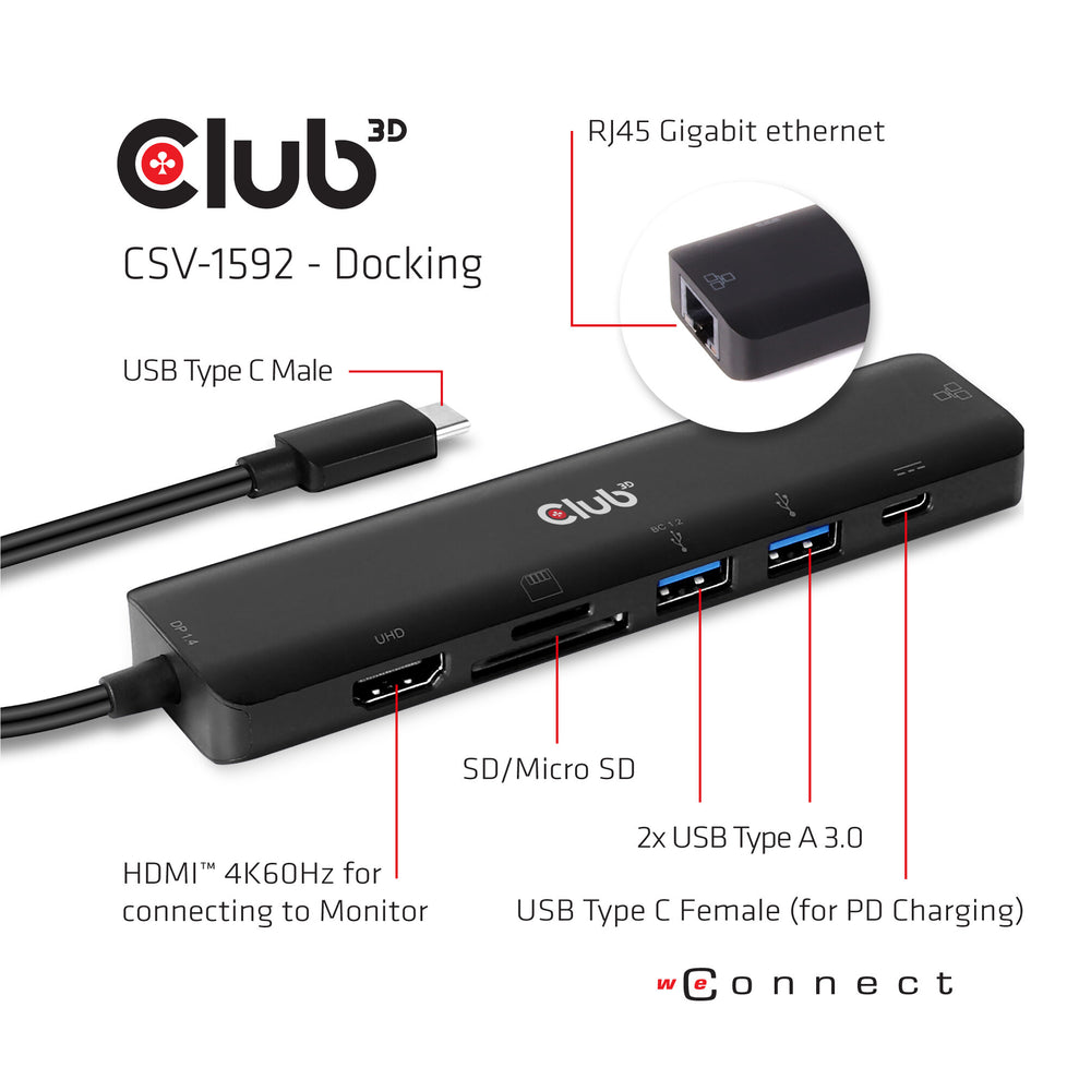 CLUB3D CSV-1592 dockningsstationer för bärbara datorer Dockning USB 3.2 Gen 1 (3.1 Gen 1) Type-C Svart
