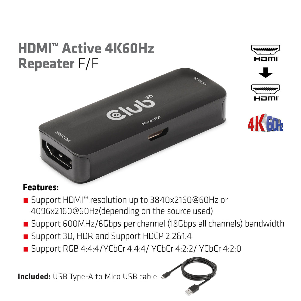 CLUB3D HDMI Active 4K60Hz Repeater F/F