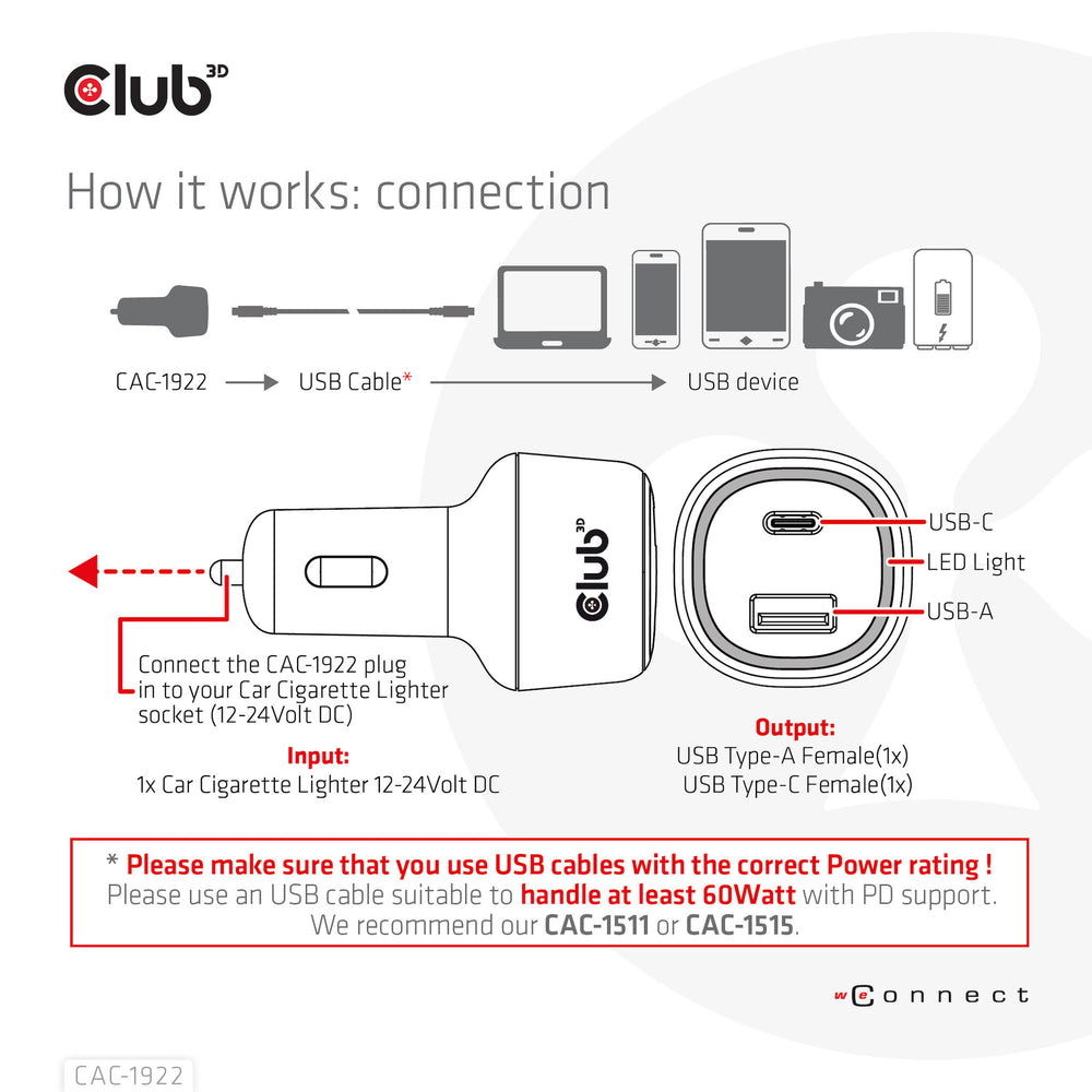 CLUB3D USB KFZ-Ladegerät 1xUSB C A 63W 12/24V retail
