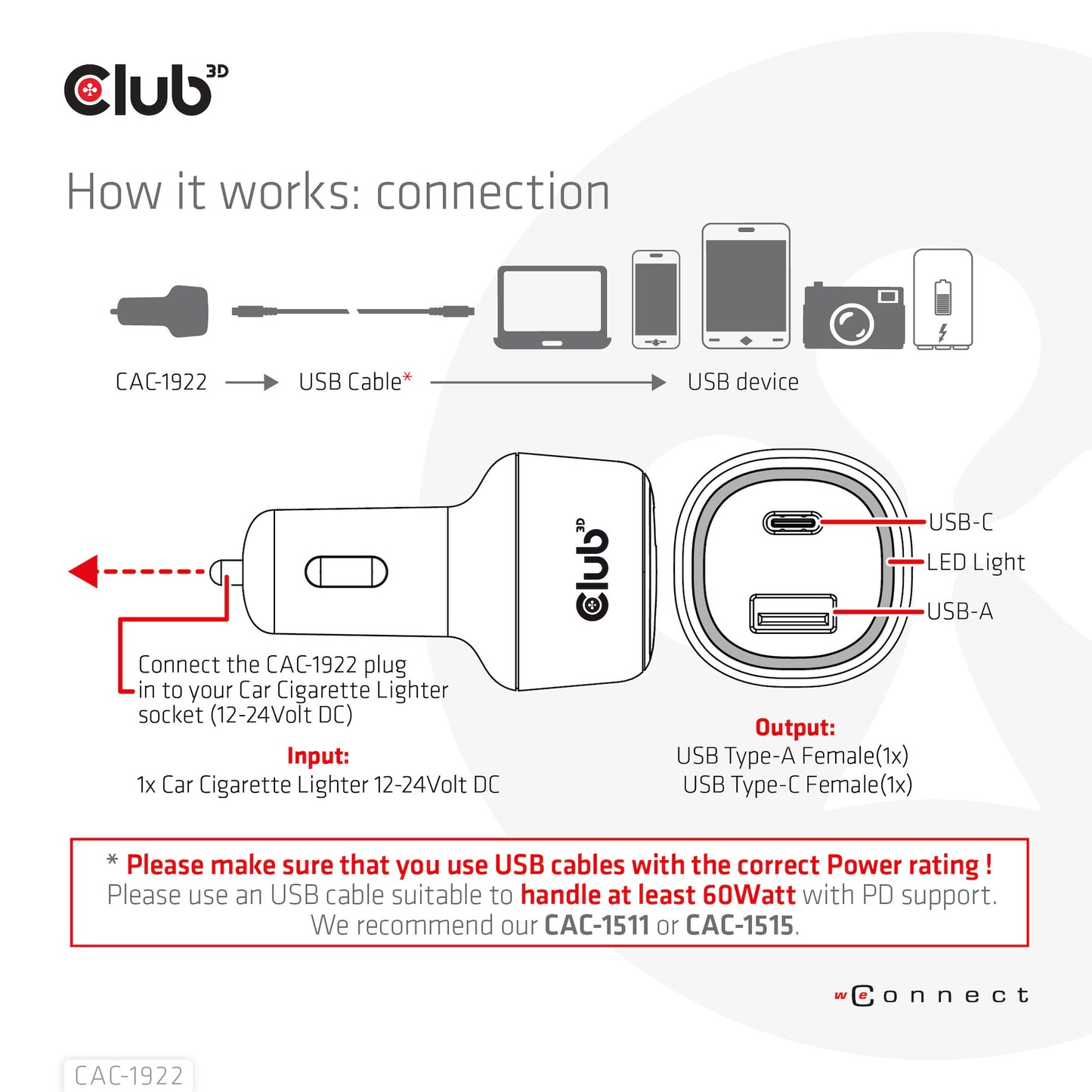 CLUB3D USB KFZ-Ladegerät 1xUSB C A 63W 12/24V retail
