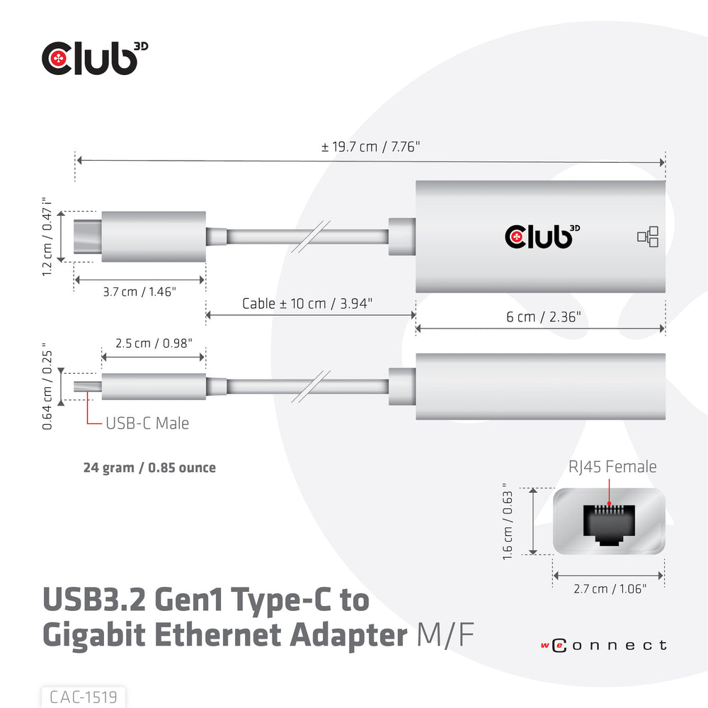 CLUB3D CAC-1519 kabelomvandlare (hane/hona) USB-C RJ-45 Vit