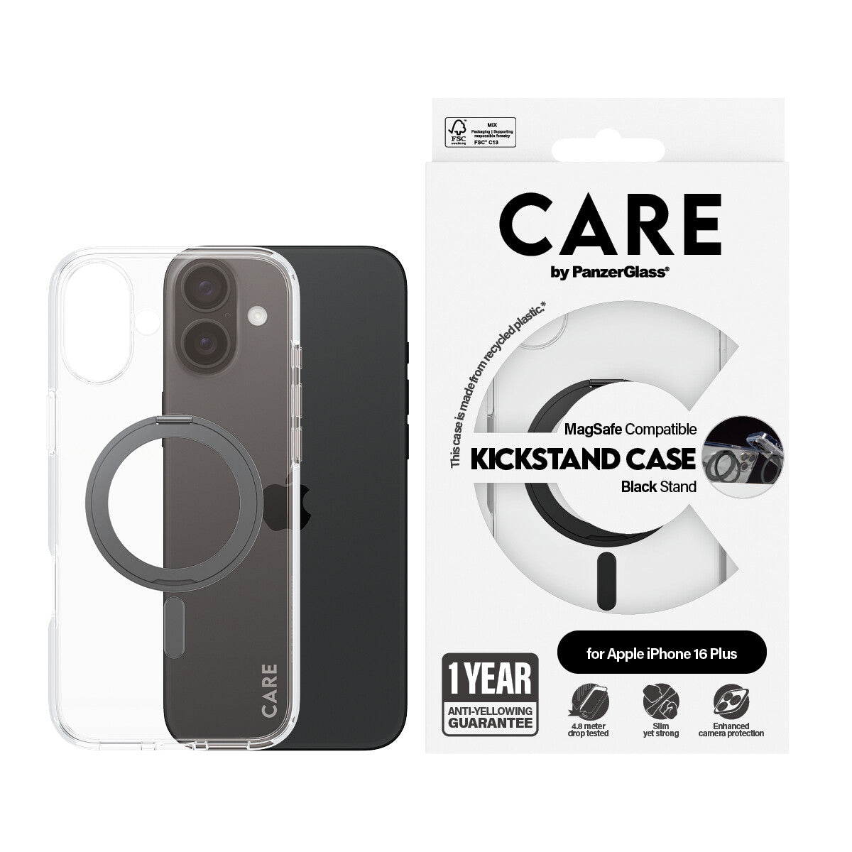 PanzerGlass CARE by PG BLK Kick/MagS iPhone16 6.7 mobiltelefonfodral Omslag Transparent