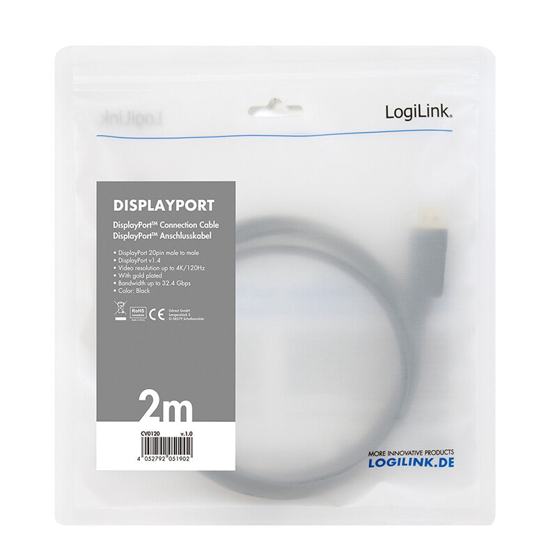 LogiLink CV0120 DisplayPort-kabel 2 m Svart