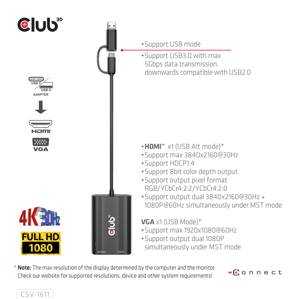 CLUB3D CSV-1611 USB-grafikadapter 3840 x 2160 pixlar Svart