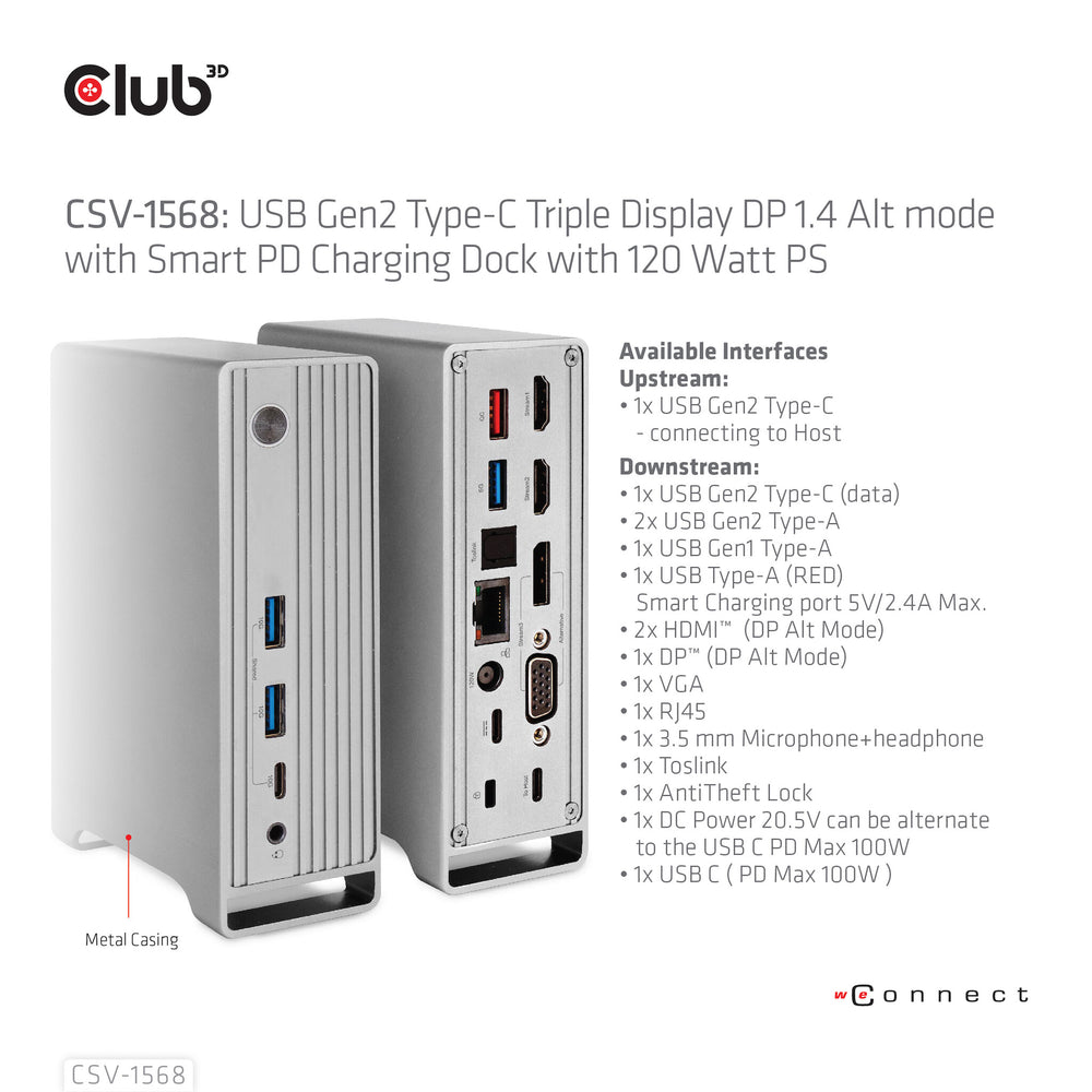 CLUB3D CSV-1568 dockningsstationer för bärbara datorer Dockning USB 3.2 Gen 2 (3.1 Gen 2) Type-C Metallisk