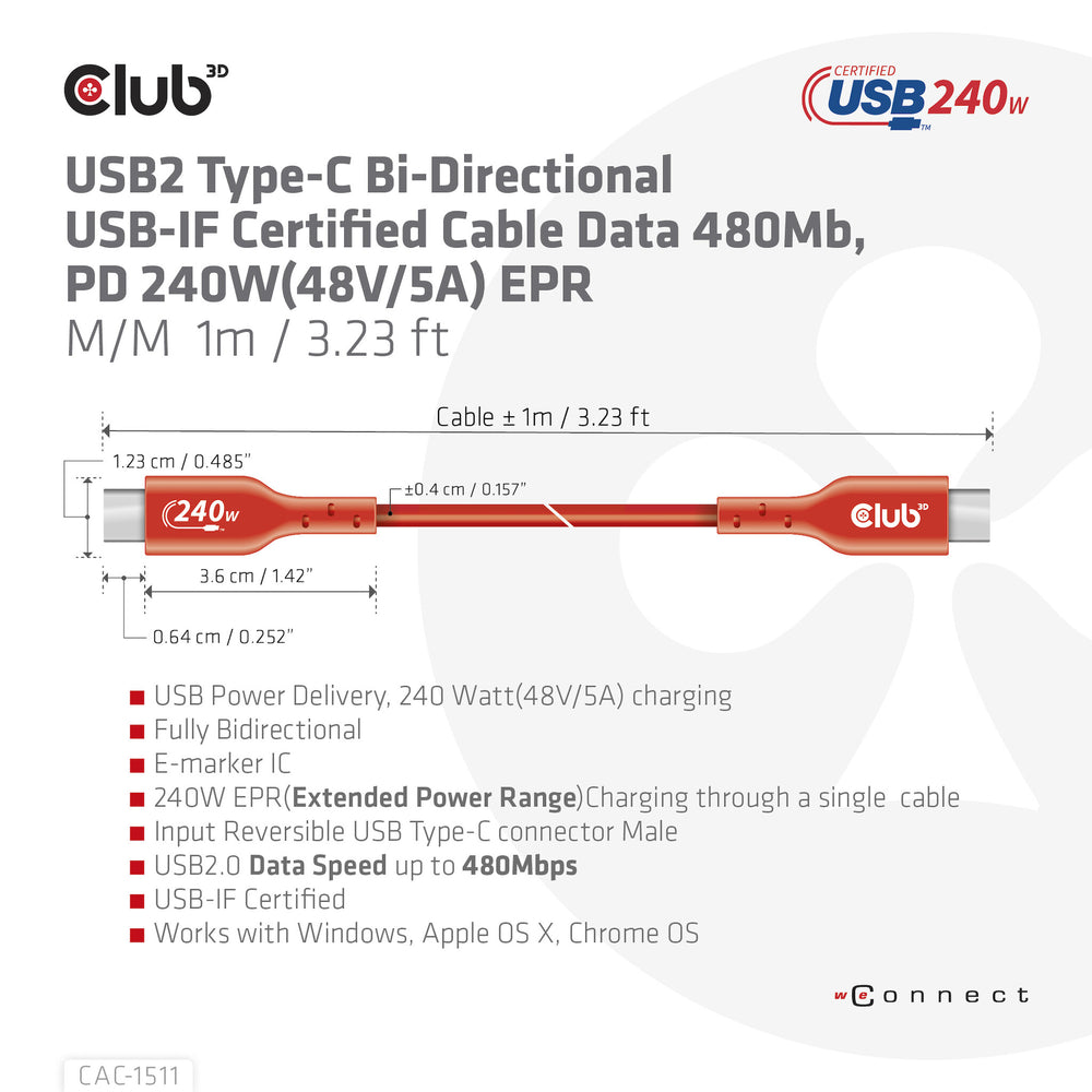 CLUB3D CAC-1511 USB-kablar 1 m USB 2.0 USB C Orange