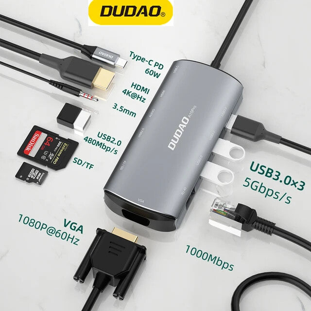 DUDAO A15PRO dockningsstationer för bärbara datorer Kabel USB 3.2 Gen 1 (3.1 Gen 1) Type-A + Type-C Grå
