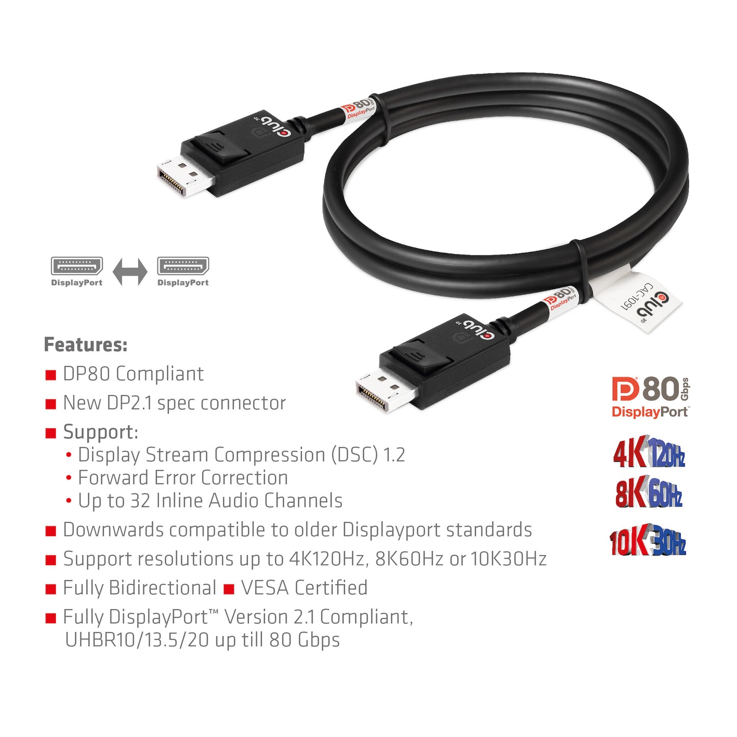 CLUB3D CAC-1091 DisplayPort-kabel 1,2 m Svart