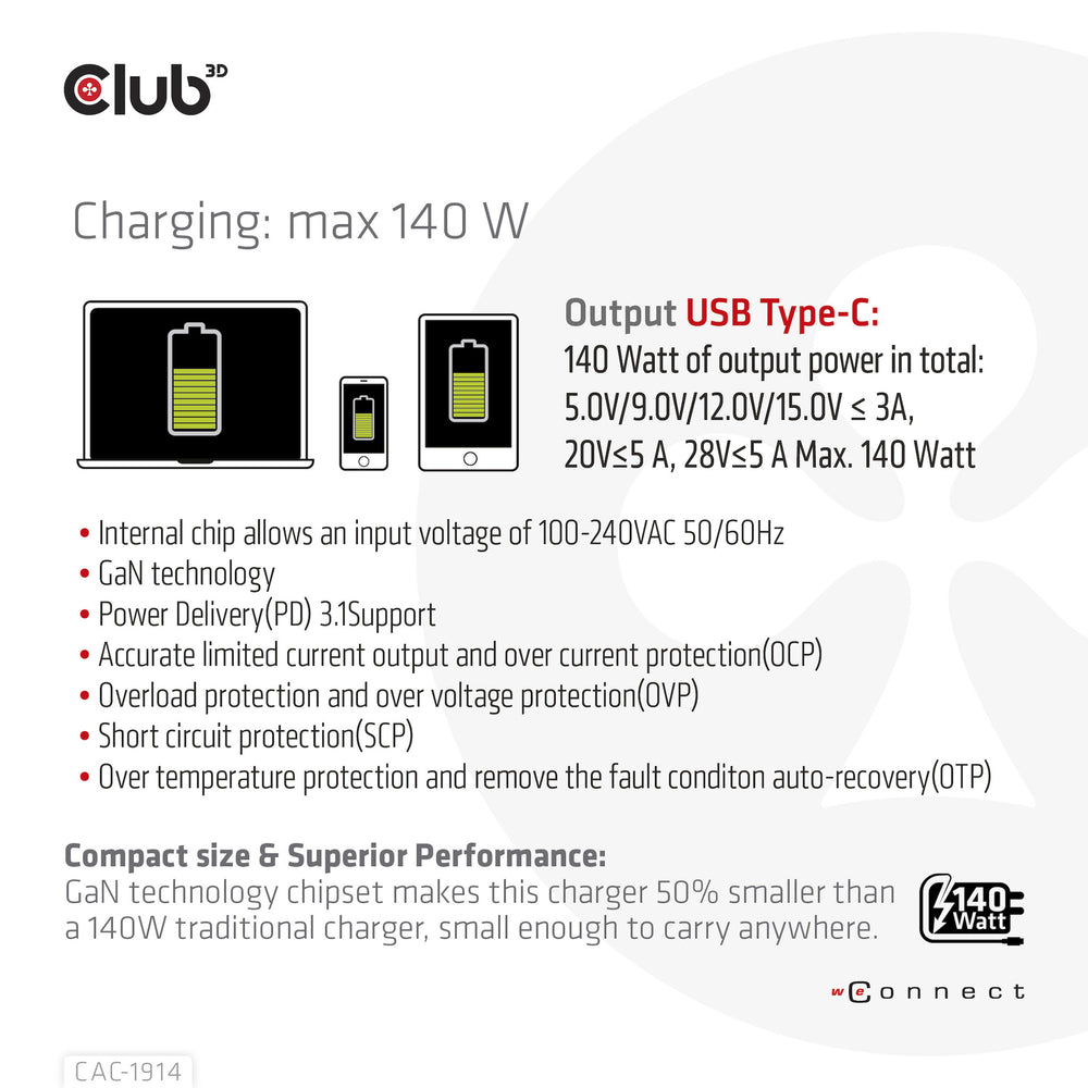 CLUB3D CAC-1914 mobilladdare Babymonitor med display, Skäggtrimmer, Digital videokamera, Digitalkamera, Spelkontroller, Hörlurar, Headset, Mobiltelefon, Bärbar dator, Powerbank, Smartphone, Smartwatch, Surfplatta, Universal, Klocka, Kroppsburen teknik Sva