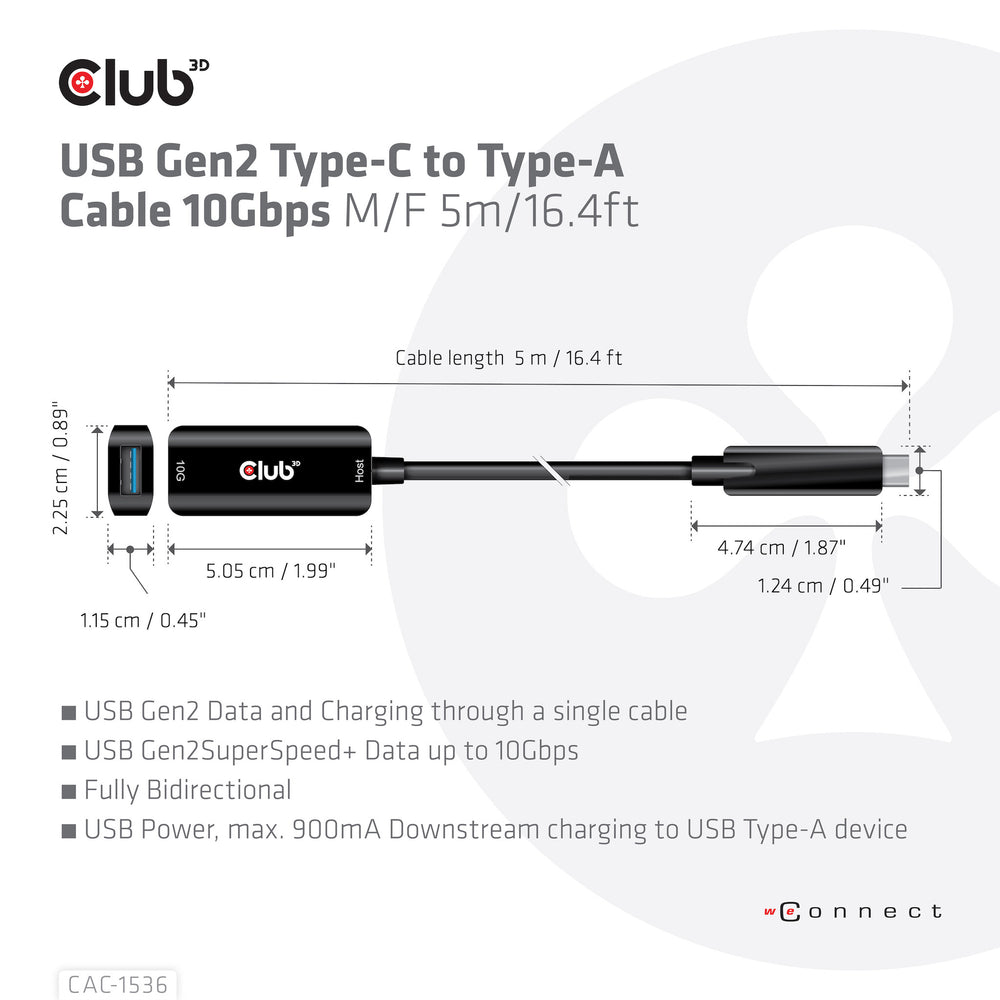CLUB3D CAC-1536 USB-kablar USB 3.2 Gen 2 (3.1 Gen 2) 5 m USB C USB A Svart
