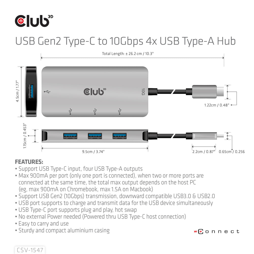 CLUB3D CSV-1547 gränssnittshubbar USB 3.2 Gen 2 (3.1 Gen 2) Type-C 10000 Mbit/s Svart, Silver