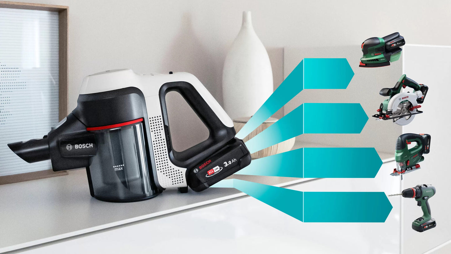 Bosch BCS711XXL upprättstående dammsugare och elektrisk sopborste Skaftdammsugare Batteri Torr Utan påse 0,3 l Vit 3 Ah