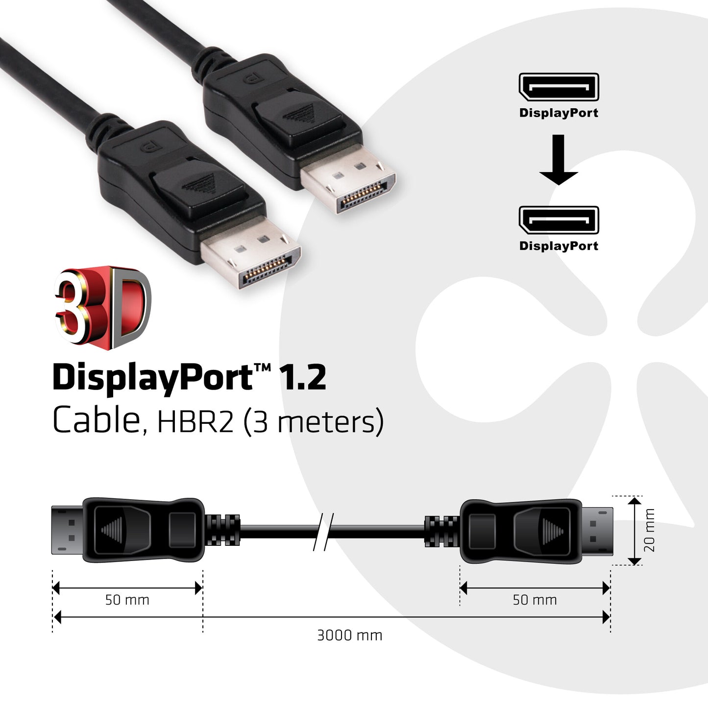 CLUB3D Displayport 1.2 Cable M/M 3Meter 4K60Hz 21.6Gbps