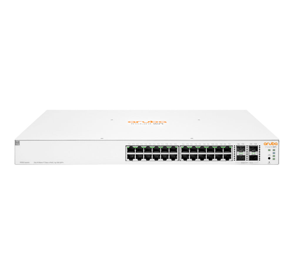 HPE Aruba Networking Aruba Instant On 1930 24G Class4 PoE 4SFP/SFP+ 370W hanterad L2+ Gigabit Ethernet (10/100/1000) Strömförsörjning via Ethernet (PoE) stöd 1U Vit