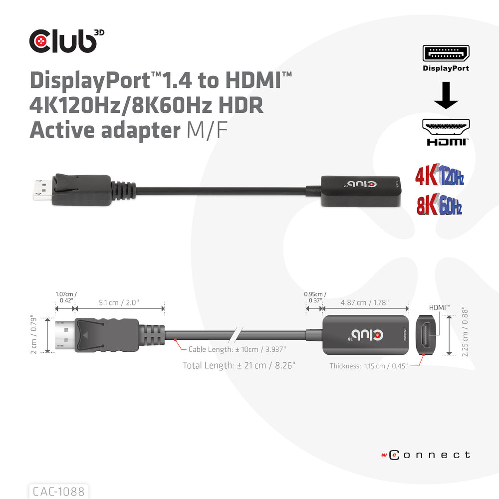 CLUB3D DisplayPort1.4 to HDMI 4K120Hz/8K60Hz HDR Active adapter M/F