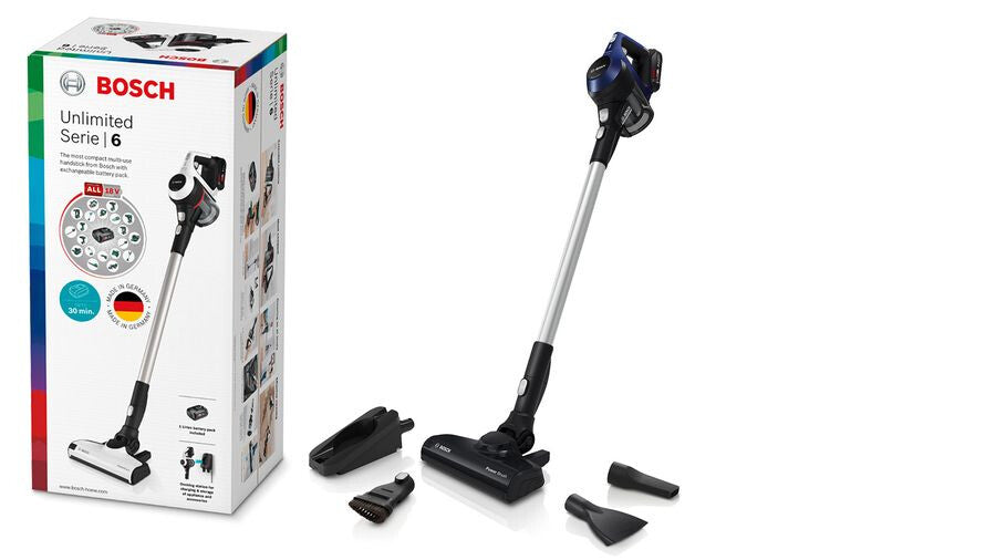 Bosch Serie 6 BBS611MAT upprättstående dammsugare och elektrisk sopborste 2-in-1 stick vacuum Batteri Torr Utan påse 0,3 l Blå 2,5 Ah