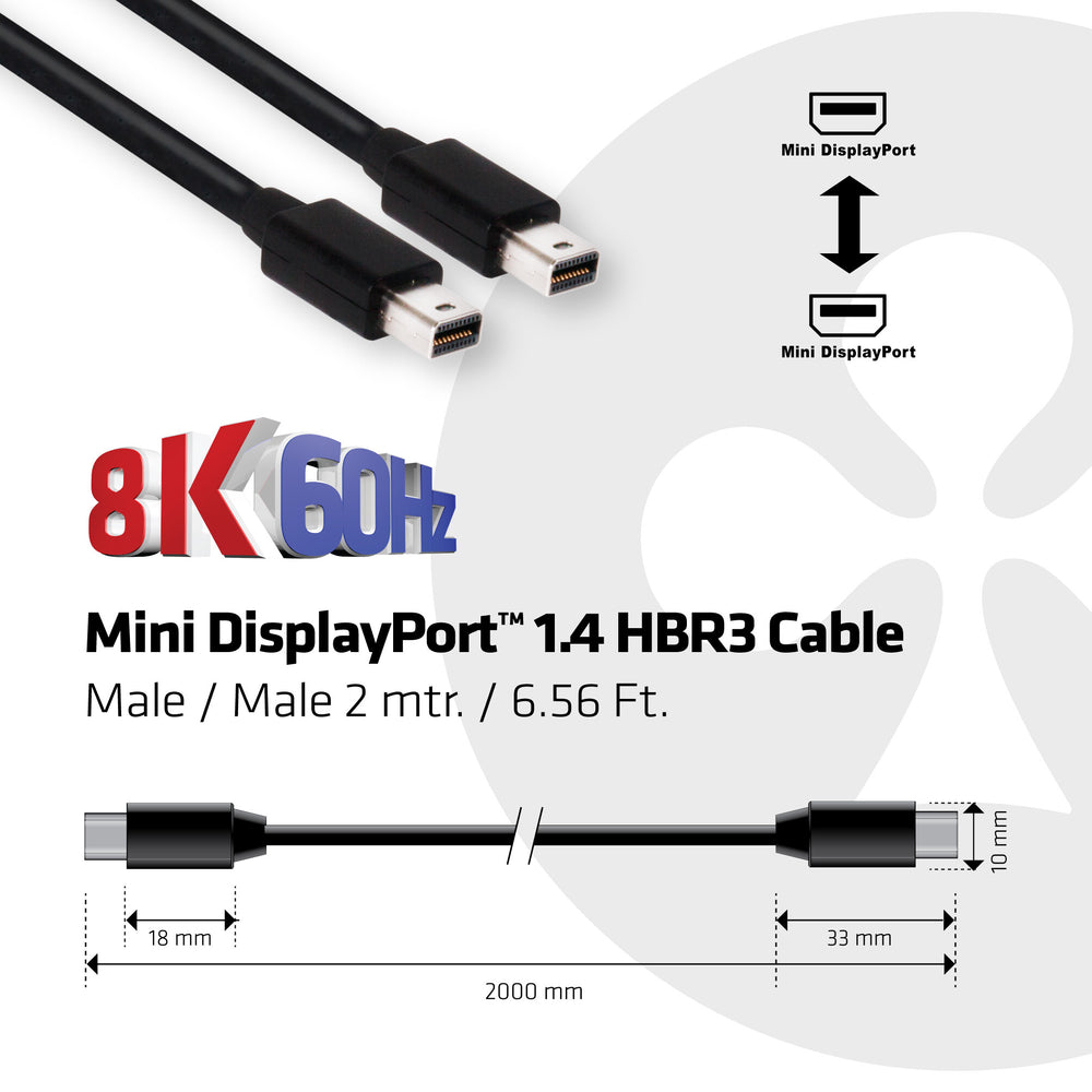 CLUB3D Mini DisplayPort 1.4 Cable HBR3 8K60Hz Male / Male 2 mtr. / 6.56 Ft.