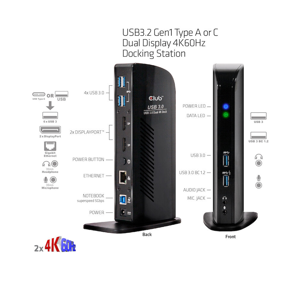 CLUB3D USB3.2 Gen1 Type A or C Dual Display 4K60Hz Docking Station