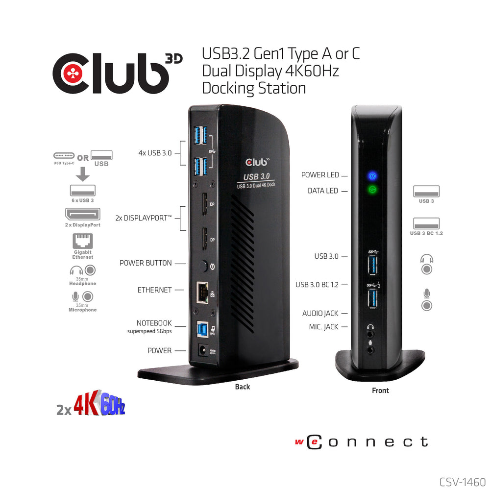 CLUB3D USB3.2 Gen1 Type A or C Dual Display 4K60Hz Docking Station