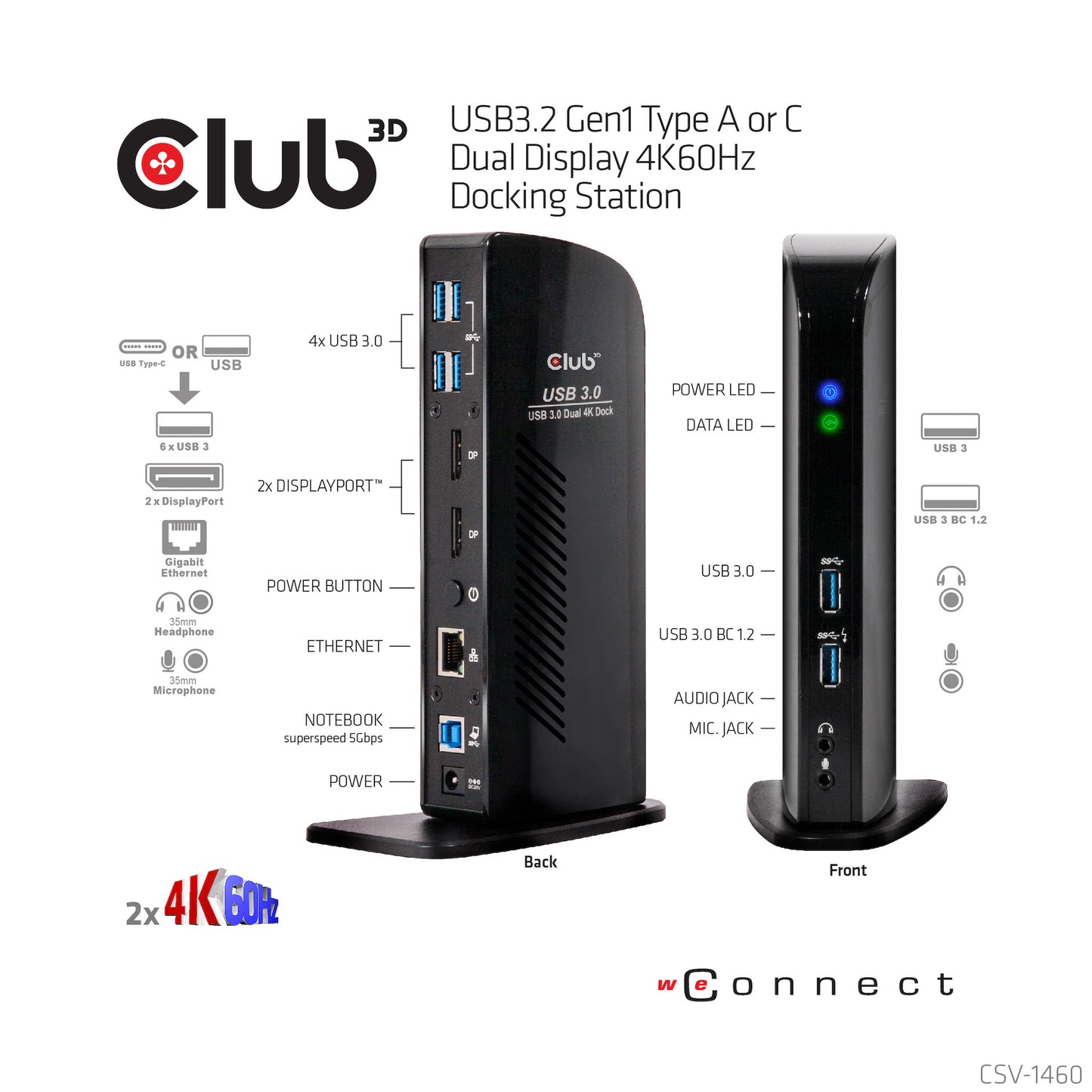 CLUB3D USB3.2 Gen1 Type A or C Dual Display 4K60Hz Docking Station