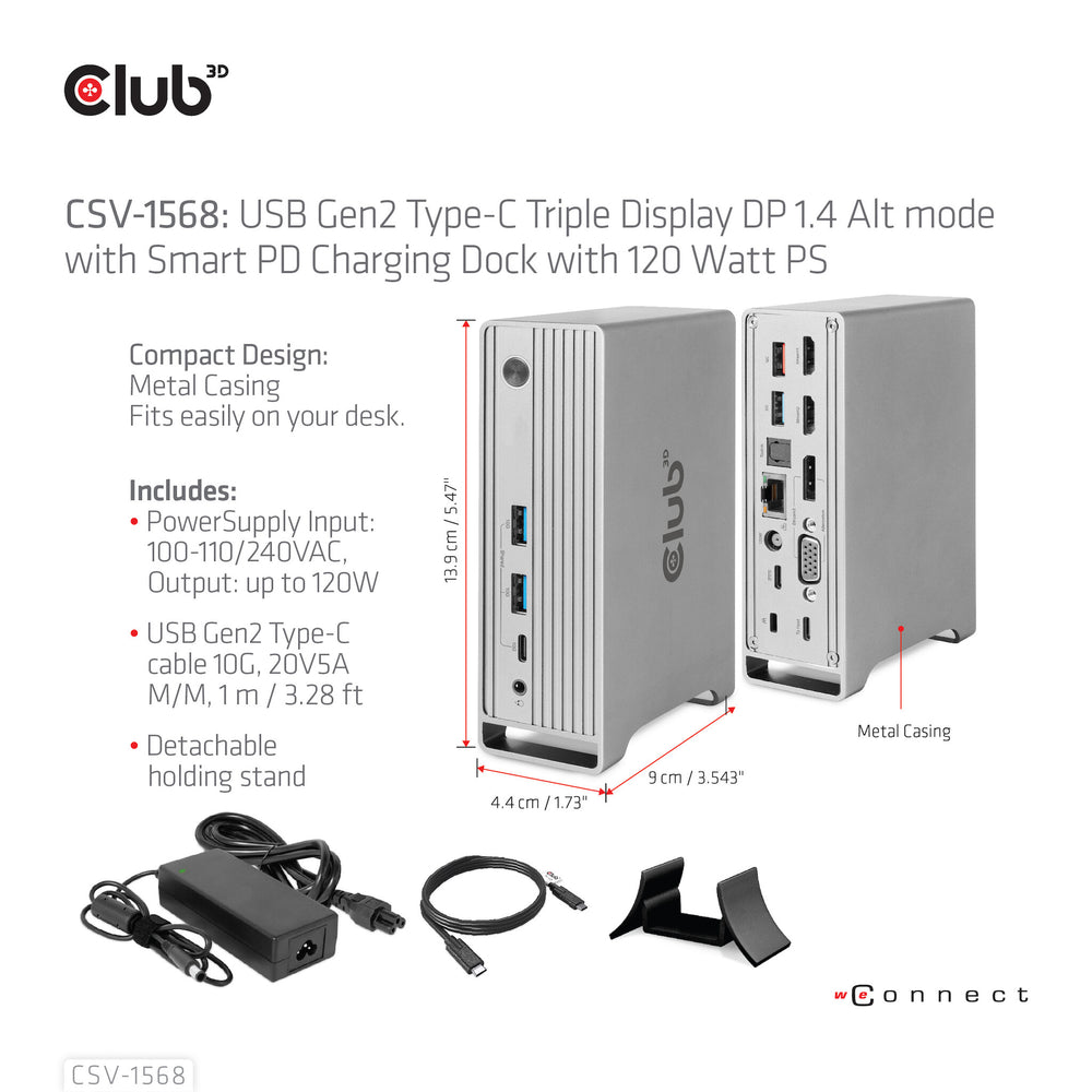 CLUB3D CSV-1568 dockningsstationer för bärbara datorer Dockning USB 3.2 Gen 2 (3.1 Gen 2) Type-C Metallisk
