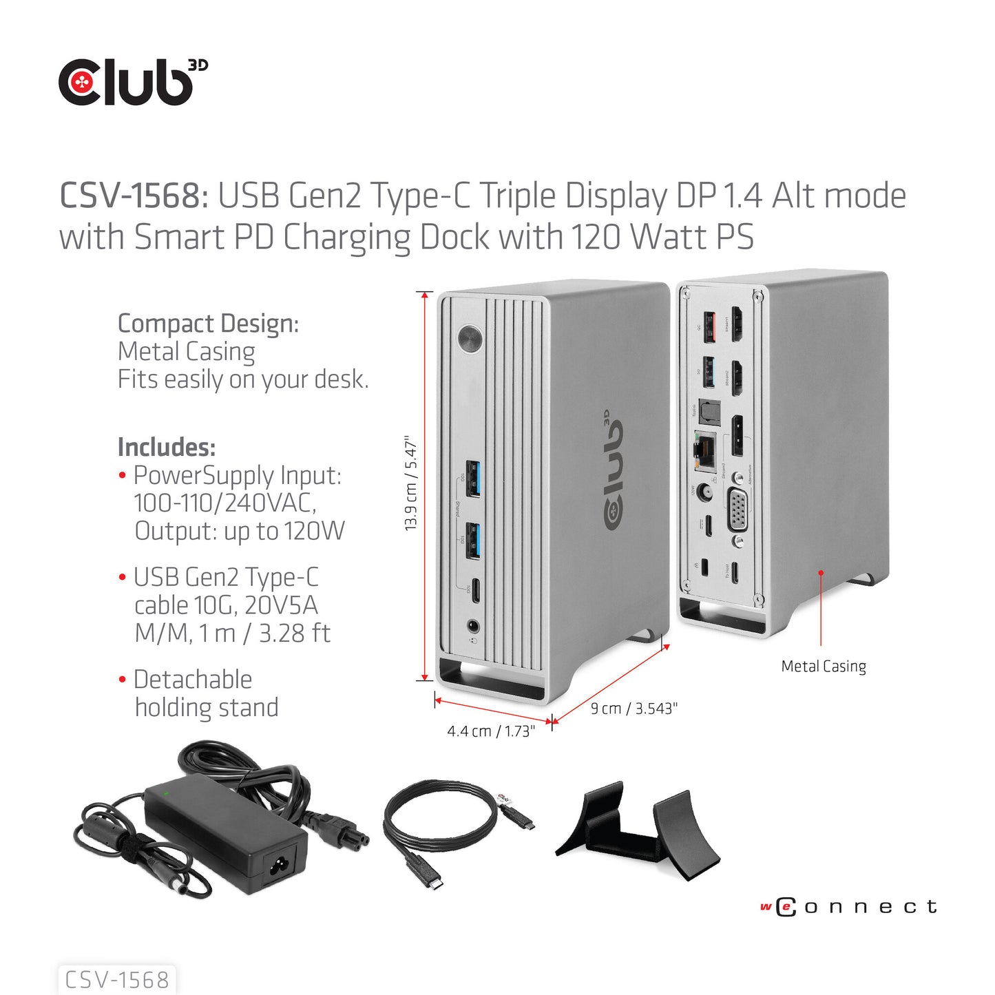 CLUB3D CSV-1568 dockningsstationer för bärbara datorer Dockning USB 3.2 Gen 2 (3.1 Gen 2) Type-C Metallisk