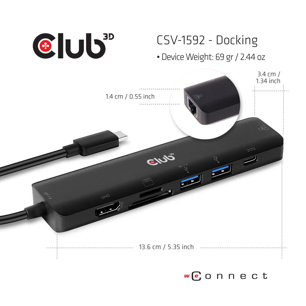 CLUB3D CSV-1592 dockningsstationer för bärbara datorer Dockning USB 3.2 Gen 1 (3.1 Gen 1) Type-C Svart