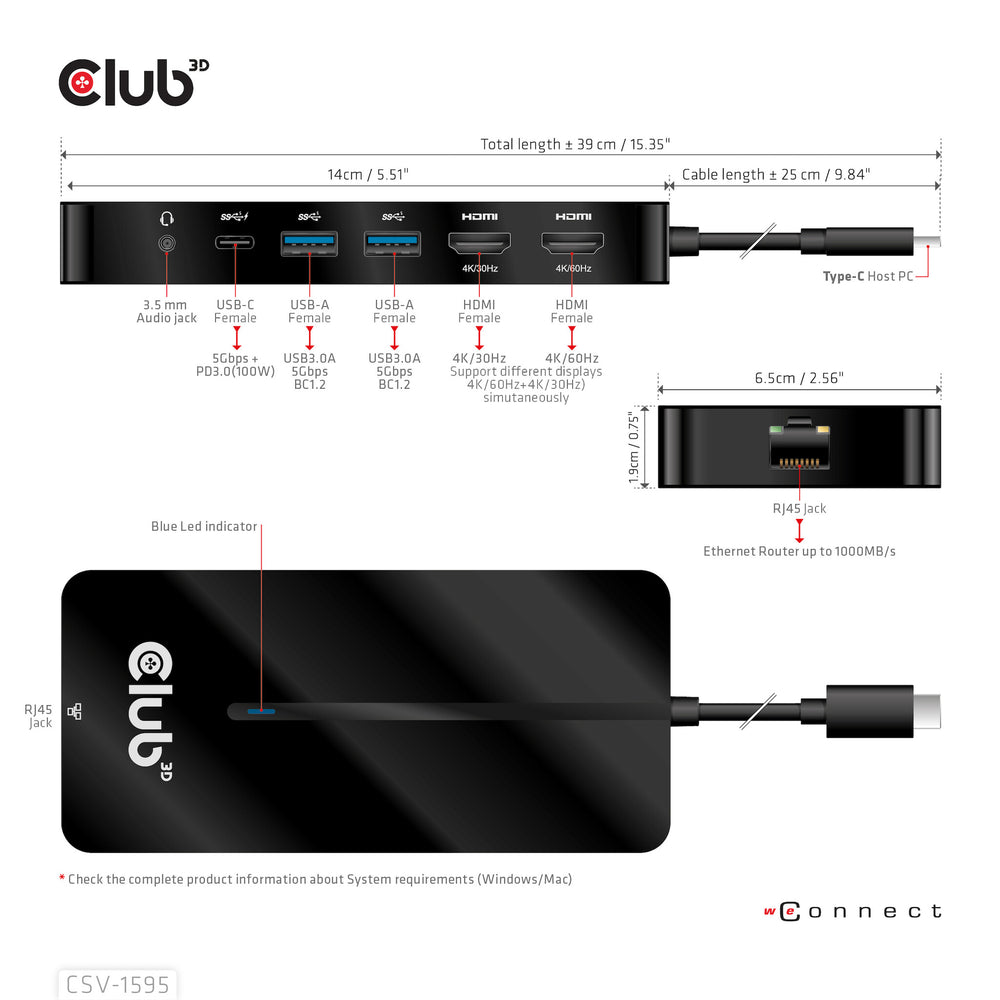 CLUB3D CSV-1595 dockningsstationer för bärbara datorer USB 3.2 Gen 1 (3.1 Gen 1) Type-C Svart