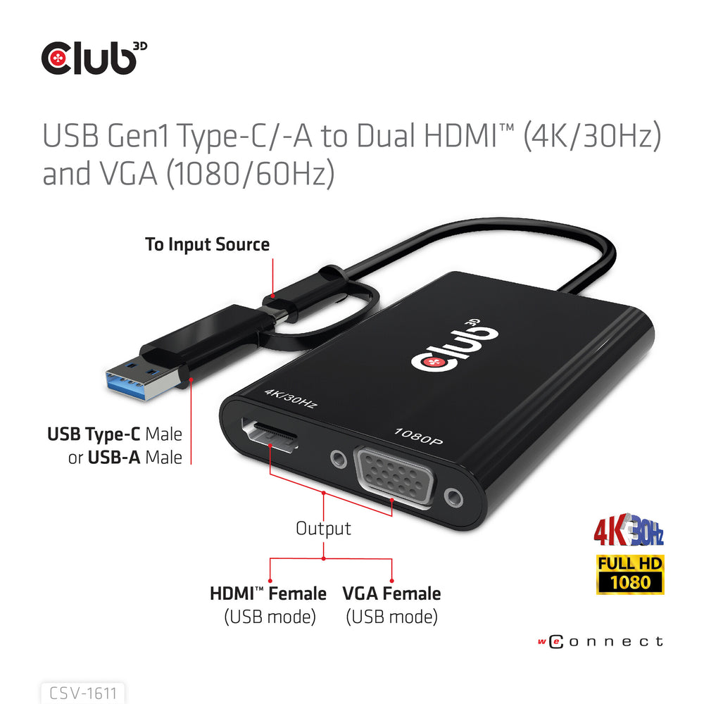 CLUB3D CSV-1611 USB-grafikadapter 3840 x 2160 pixlar Svart