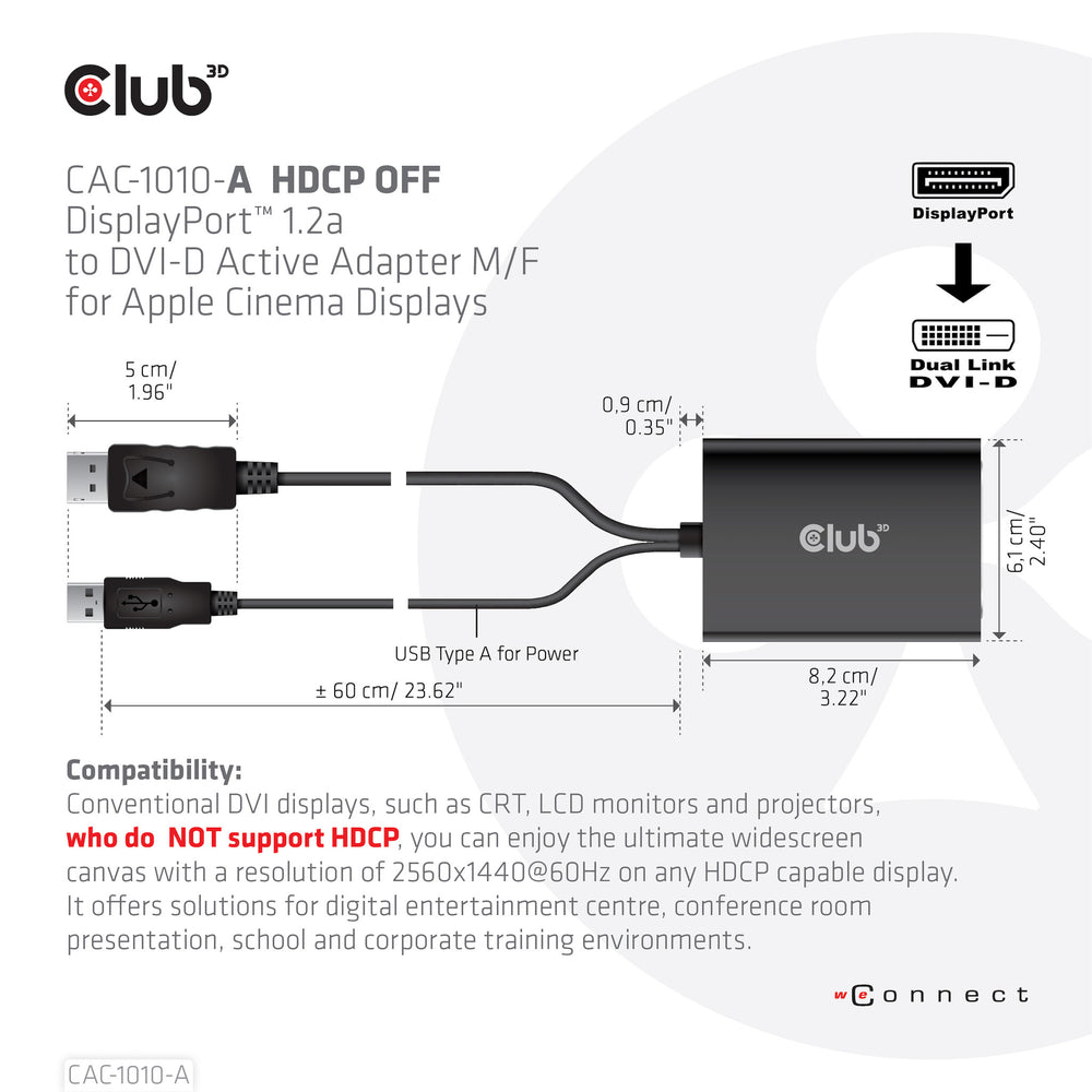 CLUB3D CAC-1010-A videokabeladapter 0,6 m DisplayPort DVI-D + USB