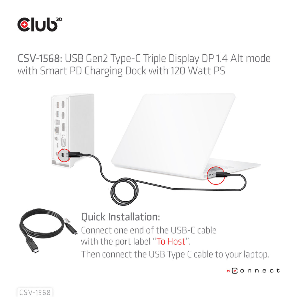 CLUB3D CSV-1568 dockningsstationer för bärbara datorer Dockning USB 3.2 Gen 2 (3.1 Gen 2) Type-C Metallisk