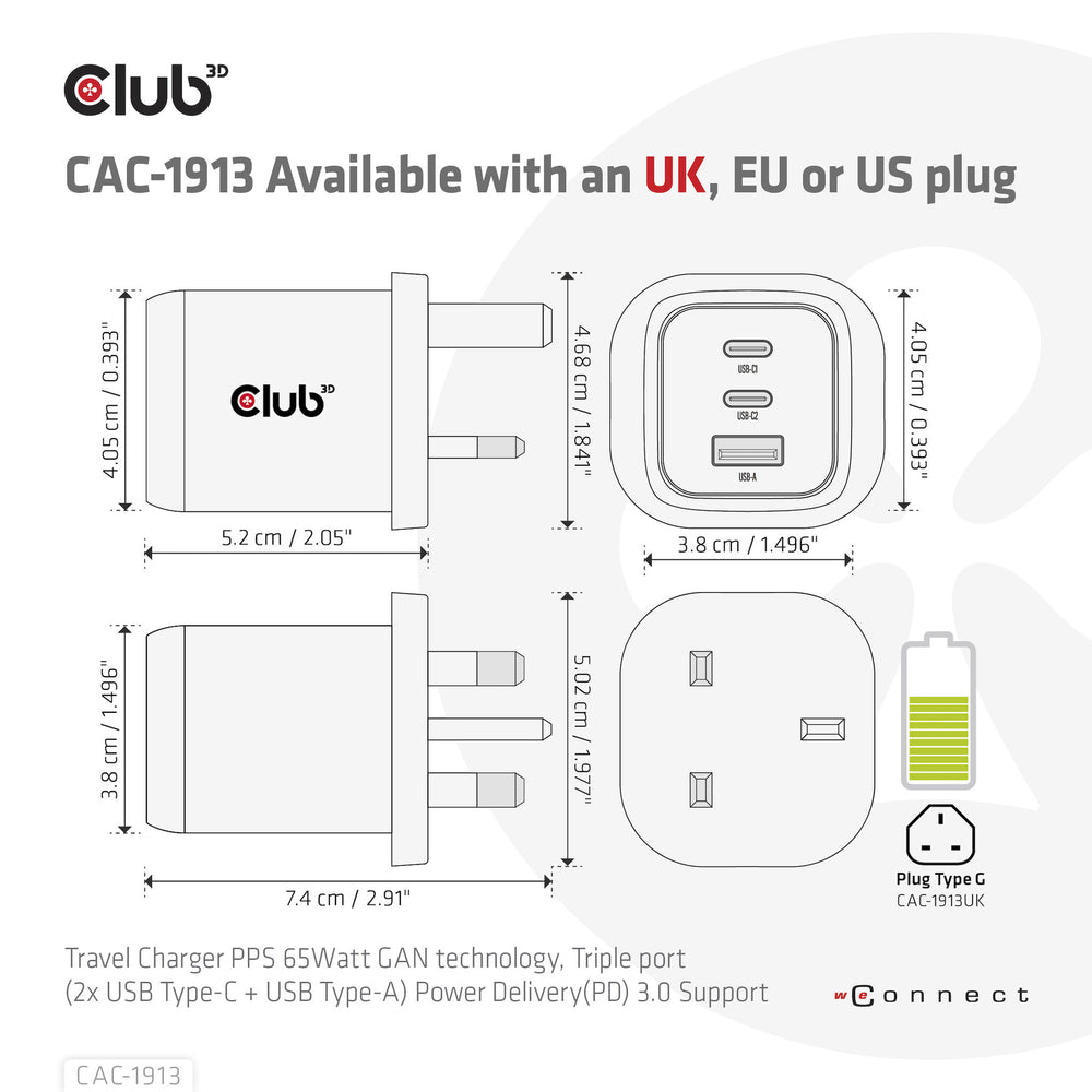 CLUB3D CAC-1913 mobilladdare Mobiltelefon, Bärbar dator, Smartphone, Universal Svart AC Snabb laddning inomhus