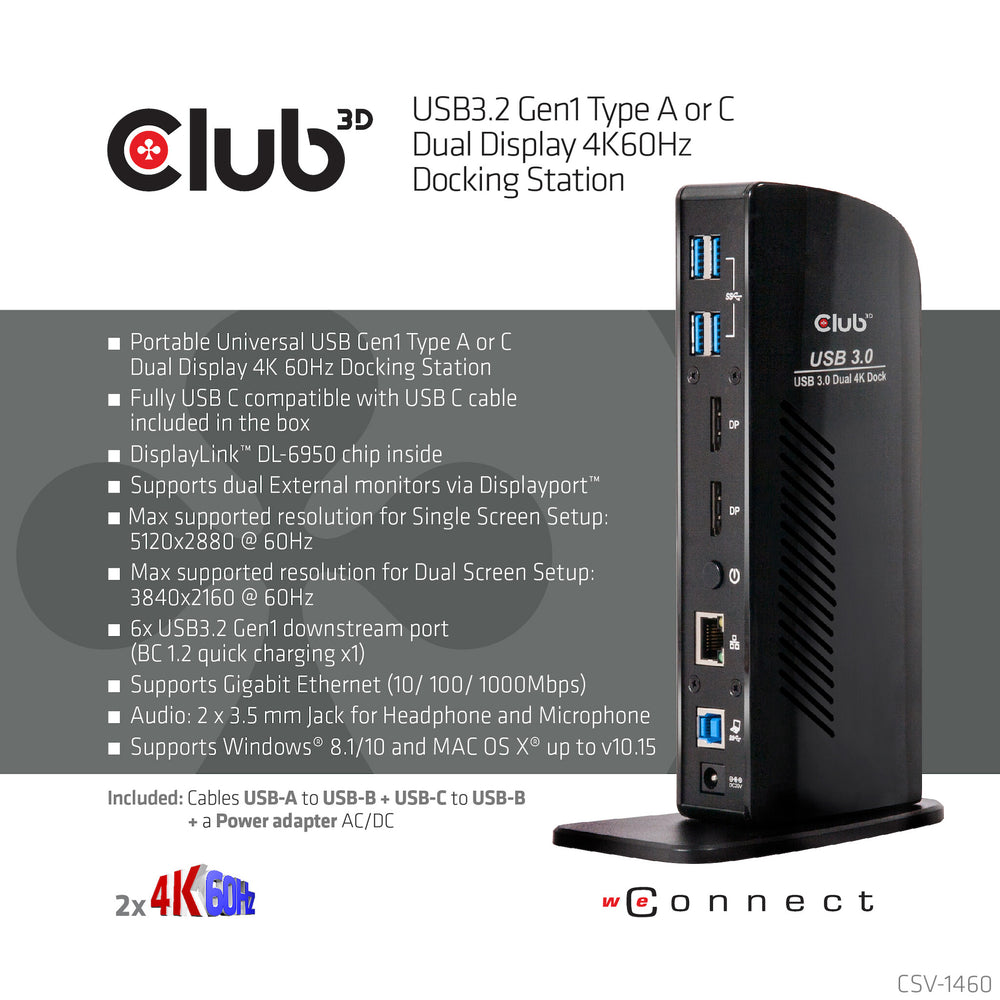 CLUB3D USB3.2 Gen1 Type A or C Dual Display 4K60Hz Docking Station