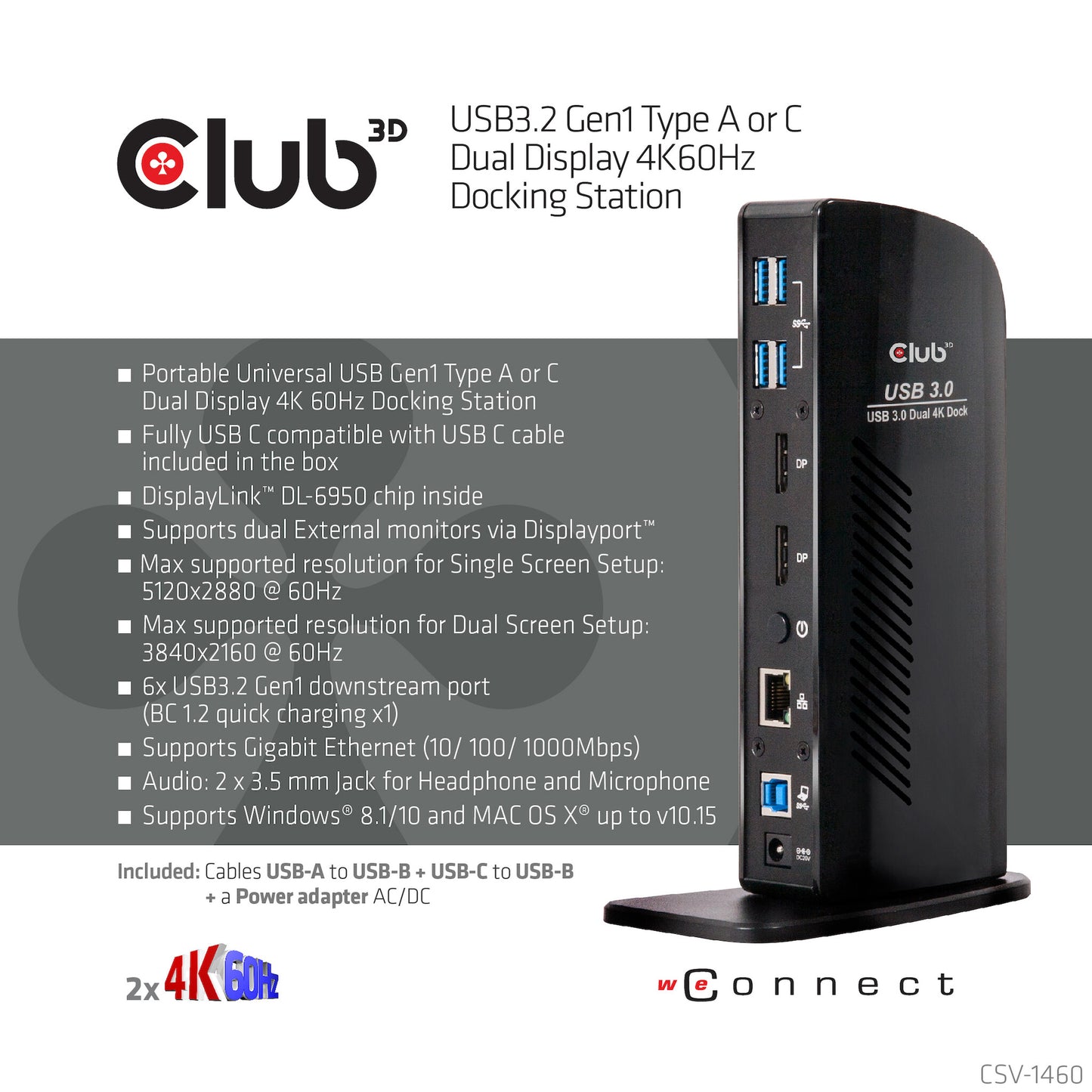 CLUB3D USB3.2 Gen1 Type A or C Dual Display 4K60Hz Docking Station