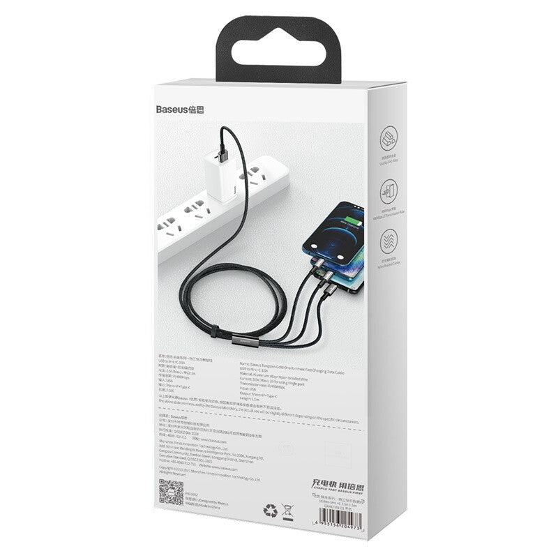 Baseus Tungsten Gold 3-in-1 USB-kablar USB 2.0 1,5 m USB A USB C/Micro USB A/Lightning Svart