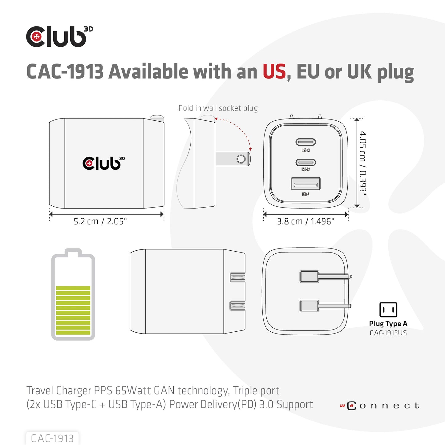 CLUB3D CAC-1913 mobilladdare Mobiltelefon, Bärbar dator, Smartphone, Universal Svart AC Snabb laddning inomhus