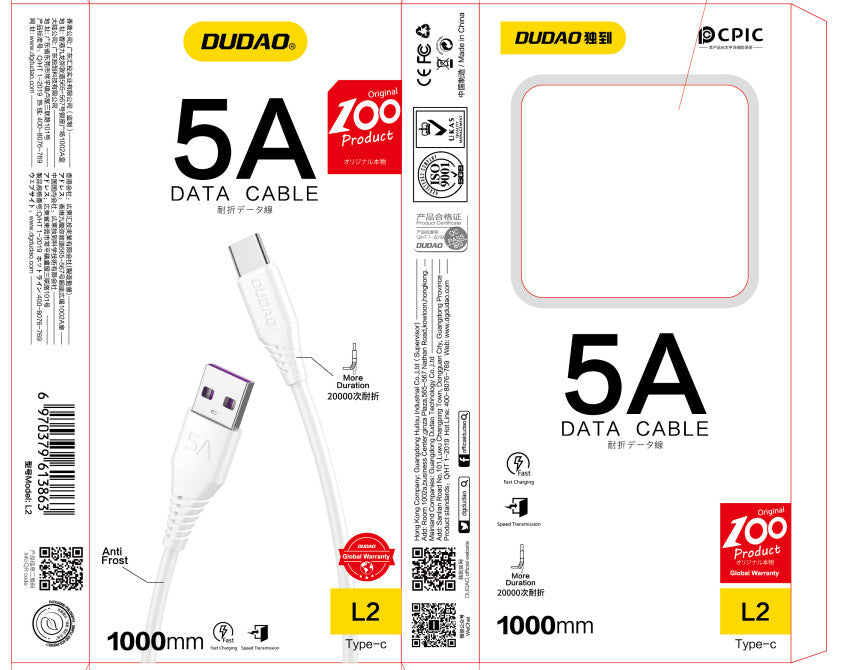 DUDAO L2T USB-kablar 1 m USB 2.0 USB A USB C Vit