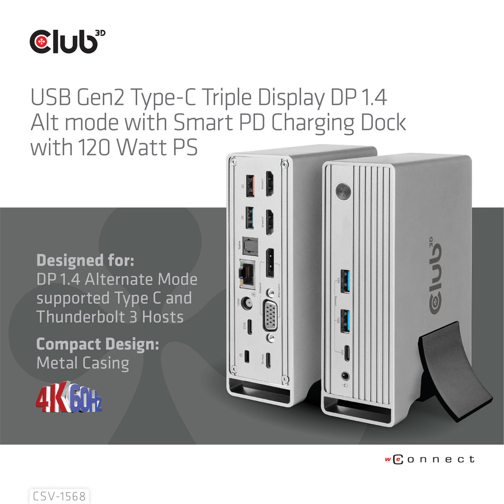 CLUB3D CSV-1568 dockningsstationer för bärbara datorer Dockning USB 3.2 Gen 2 (3.1 Gen 2) Type-C Metallisk