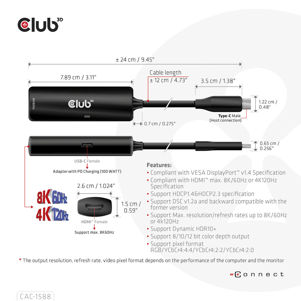 CLUB3D CAC-1588 videokabeladapter 0,17 m USB Type-C HDMI Svart