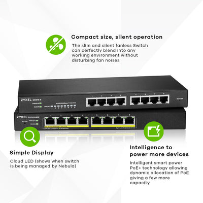 Zyxel GS1915-8EP hanterad L2 Gigabit Ethernet (10/100/1000) Strömförsörjning via Ethernet (PoE) stöd Svart