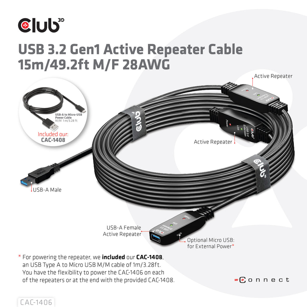 CLUB3D CAC-1406 USB-kablar 15 m USB 3.2 Gen 1 (3.1 Gen 1) USB A Svart