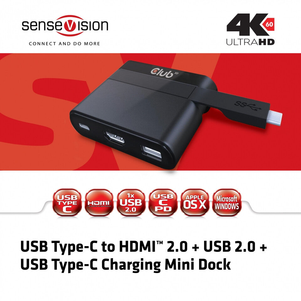 CLUB3D USB Type-C to HDMI™ 2.0 + USB 2.0 + USB Type-C Charging Mini Dock